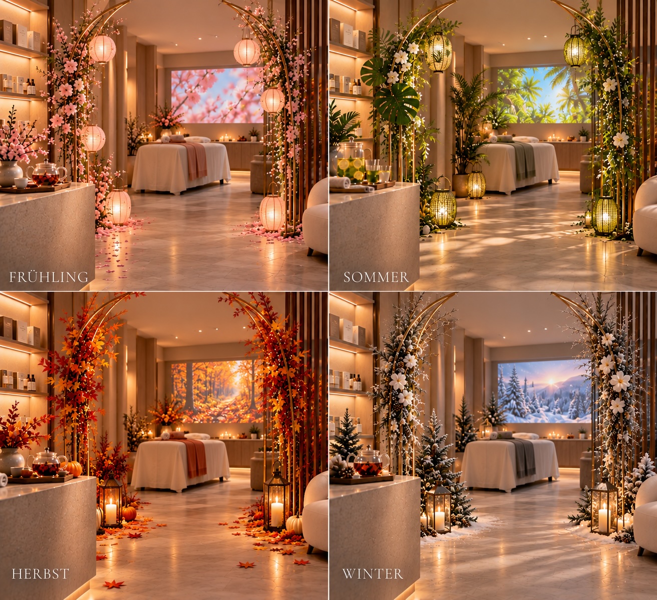 Vier saisonal gestaltete Spa-Behandlungsräume: Frühling mit Kirschblüten, Sommer mit grünen Blättern, Herbst mit Ahornblättern, Winter mit Schnee und Kerzenlicht