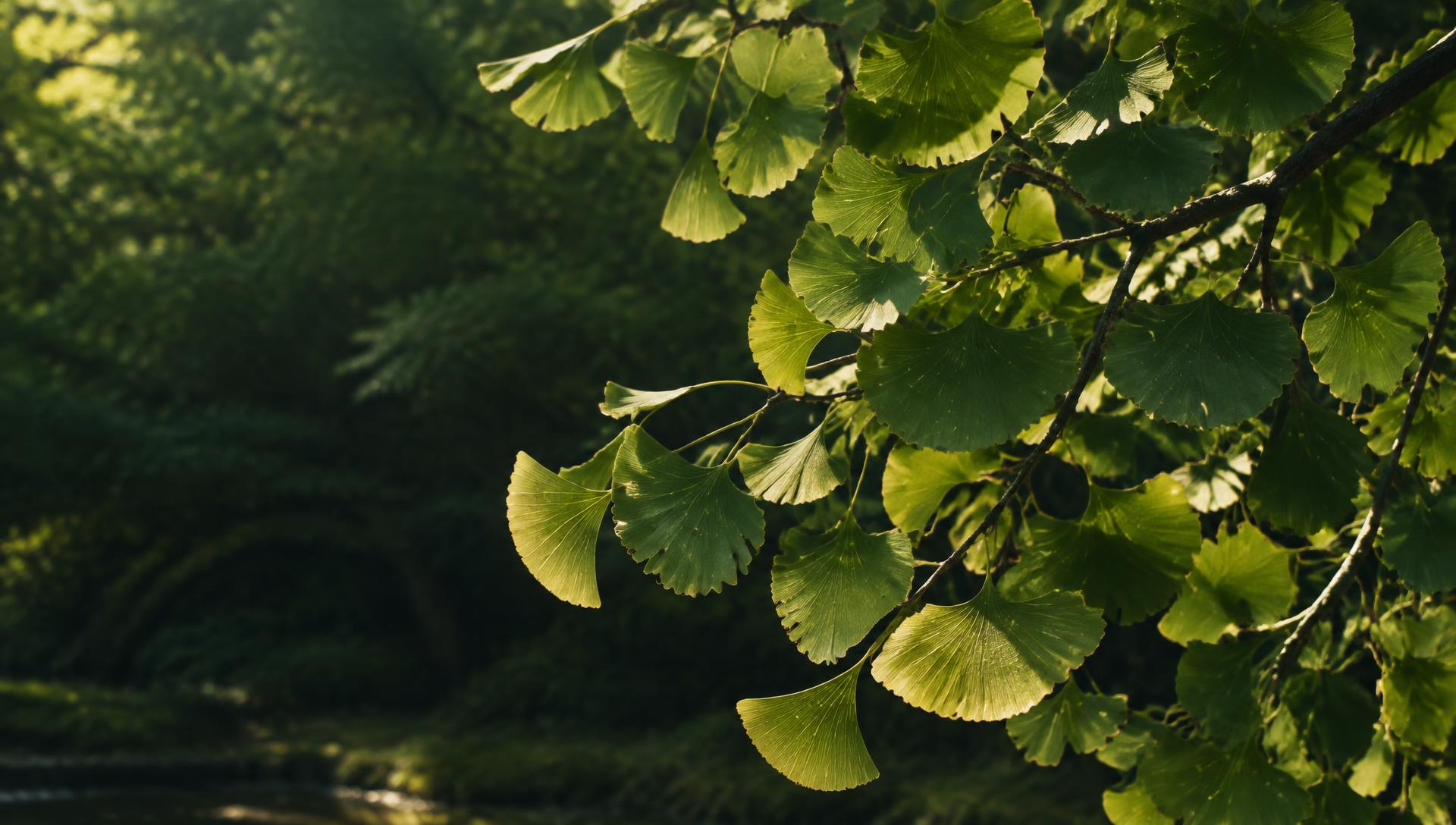 Sonnenlicht fällt durch die fächerförmigen Blätter eines Ginkgobaums